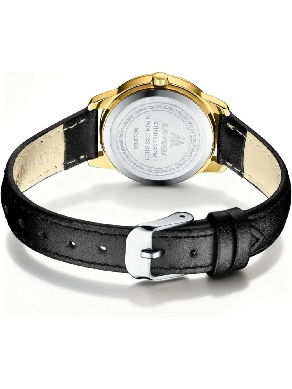Ln Lenqin Women's Black White Analog Quartz Leather Strap Waterproof Wrist Watch